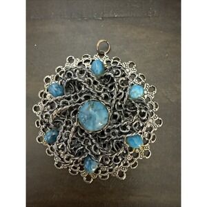 Vintage Silver Tone Faux Turquoise Round Flower Filigree Necklace Pendant 2"
